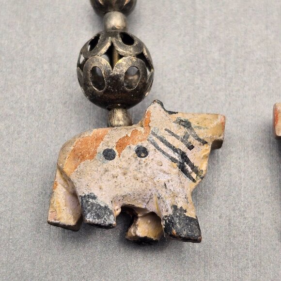 VTG Elephant Dangle Earrings 2.25" Carved Wood & Antique-Style Silver Beads - Picture 6 of 11